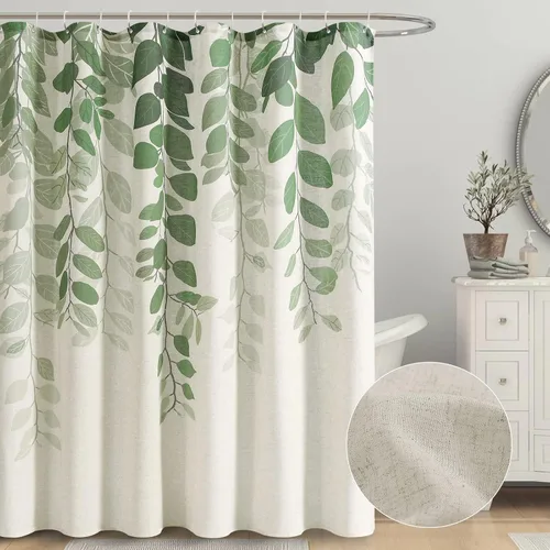 Vista 9 de SMABU Cortina de ducha de lino de 84 pulgadas de largo para baño, cortinas de ducha azules, tela impermeable pesada, decoración de baño de eucalipto