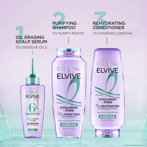 Vista 7 de L'Oreal Paris Elvive Hyaluron + Pure 72H Champú purificador para cabello graso, champú clarificador con ácido salicílico y ácido hialurónico, 28