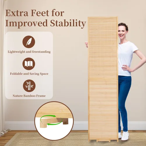Vista 4 de Divisor de pared de bambú de 6 paneles, 106 pulgadas de ancho x 67 pulgadas de alto, diseño plegable con base extra estable, pantalla divisora