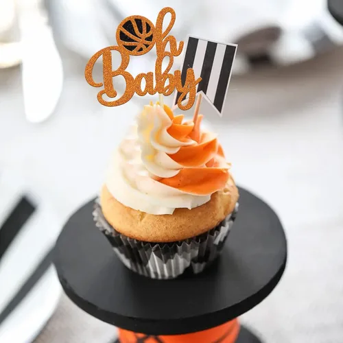 Vista 5 de Gyufise 24 piezas de baloncesto Oh Baby Cupcake Toppers Jugador de Baloncesto Escena Temática Púas de Fruta para Deportes Tema Babyshower Cumpleaños