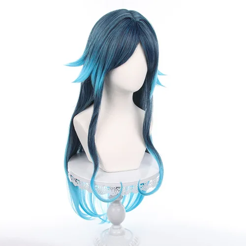 Vista 3 de Genshin Impact Fanan - Peluca de pelo largo degradado azul con gorra de peluca gratis para Comic Con, espectáculo de cosplay, Halloween