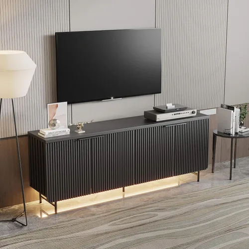 Vista 9 de Soporte de TV acanalado de mediados de siglo para TV de 55 a 75 pulgadas, centro de entretenimiento negro con almacenamiento, soporte de televisión