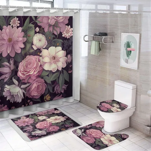 Vista 10 de Juego de 4 cortinas de ducha con alfombras, juego de baño con cortina de ducha y alfombras, 4 piezas, flores femeninas, lila, rosa, rubor, verde