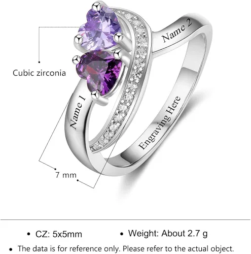 Vista 4 de Diamondido Anillos con nombre personalizado, 2 piedras natales de imitación, anillos de promesa para mujeres, parejas, anillos de compromiso, Piedra