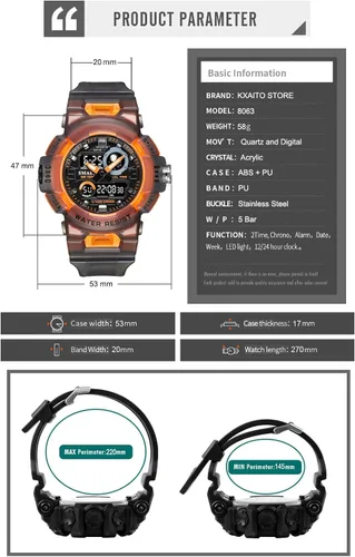 Vista 6 de KXAITO Mens Watches Sports Outdoor Waterproof Military Unisex Watch Multi Function Tactics LED Face Alarm Stopwatch for Women 8063