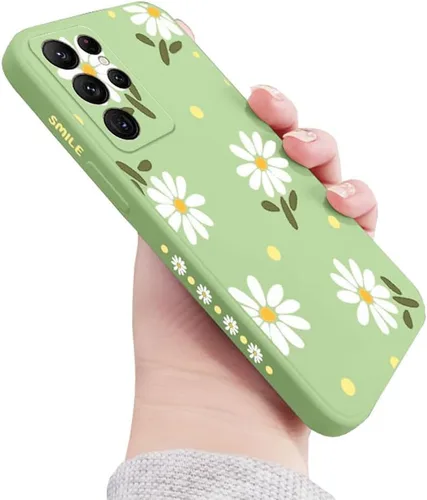 Vista 11 de Funda compatible con Galaxy S21 Ultra con bonito patrón de margaritas, protección de lente de cámara, a prueba de golpes, TPU parachoques de Negro
