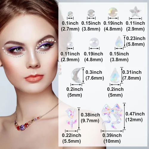 Vista 4 de OIIKI 4 hojas de calcomanías de gemas de cara de corazón de estrella, calcomanías de acrílico para joyería de cuerpo, perlas de luna de Halloween