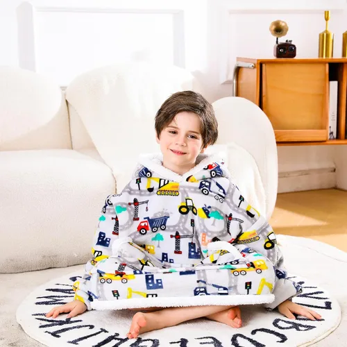 Vista 2 de Sudadera Manta, Manta Vestible de Vellón Sherpa para Niños, Manta con Capucha de Franela Afelpada, Regalo de Sudadera con Bolsillo Gigante
