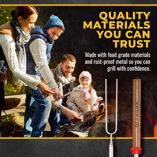 Vista 5 de CORQUE Palitos para Asar Malvaviscos, Palitos para S'mores, Extensibles, Pincho de Campamento para Fogata, Mango de Madera, Metal de 32 Pulgadas
