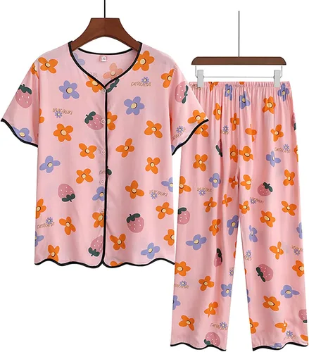 Vista 2 de Hugncmy Women Summer Lightweight Printed Comfortable Cardigan Loose Fitting Casual Long Pants Set plus Size Bib