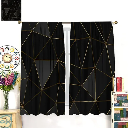 Vista 64 de Cortinas Negras con Dobladillo Dorado, Cortinas Opacas con Bolsillo para Barra con Estampado de Rayas de Foil en Onda Dorada para Decoración de Negro