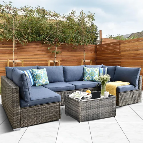 Vista 45 de HOOOWOOO Juego de sofá modular para patio al aire libre, 7 piezas en forma de U, juego de sofá de mimbre rústico para 6 personas, juego de Beige
