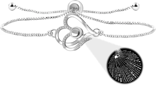 Vista 12 de Pulsera ajustable de cadena de plata/oro rosa, 4 dijes de corazón diferentes en 100 idiomas con texto en inglés "Say I Love You", pulsera