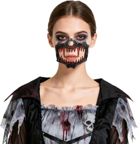 Vista 7 de Aroncent Máscara de media cara de calavera de Halloween con colmillos sangrientos: accesorio de disfraz de mandíbula de esqueleto aterrador
