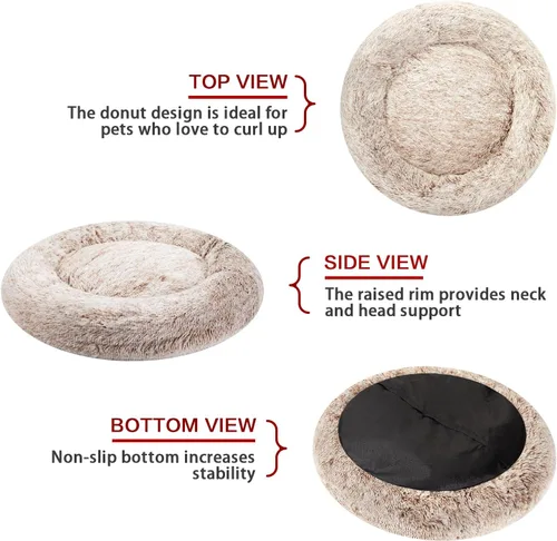 Vista 4 de Bedfolks Cama calmante en forma de dona, camas redondas y esponjosas de 23 pulgadas para perros pequeños, lavable a máquina, antiansiedad, cama