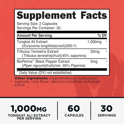 Vista 2 de Primal Cápsulas de Tongkat Ali (60 cápsulas/30 porciones, 1,000 mg por porción), modernizado tradicional apoyo energético y rendimiento