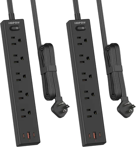Vista 13 de HOPOW Regleta de alimentación de enchufe plano, cable de extensión ultrafino de 3 pies, protector de sobretensiones con 5 salidas y 3 puertos USB