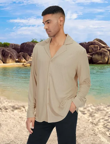 Vista 2 de AstoSeu Camisas de pana para hombre, de manga larga, ligeras, con botones