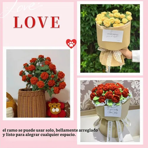 Vista 5 de THREEBOY Ramo de flores artificiales de ganchillo de rosas rojas con florero de punto para el Día de la Madre, San Valentín, decoración