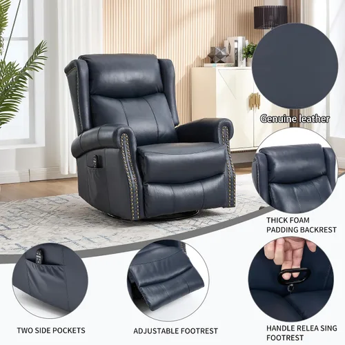 Vista 6 de Trustyue Silla reclinable de piel auténtica, reclinable manual con balancín giratorio, mecedora de masaje y calor, reclinable para guardería Azul