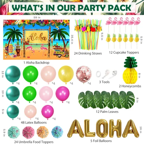 Vista 2 de Luau - Decoraciones para fiesta de cumpleaños, 321 piezas, suministros de fiesta hawaiana tropical Aloha para verano, playa, vacaciones, juego