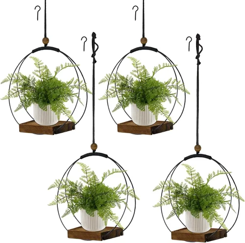 Vista 14 de Maceta colgante para plantas de interior, colgador de plantas negro para interiores con base de madera resistente, colgador de plantas de macramé