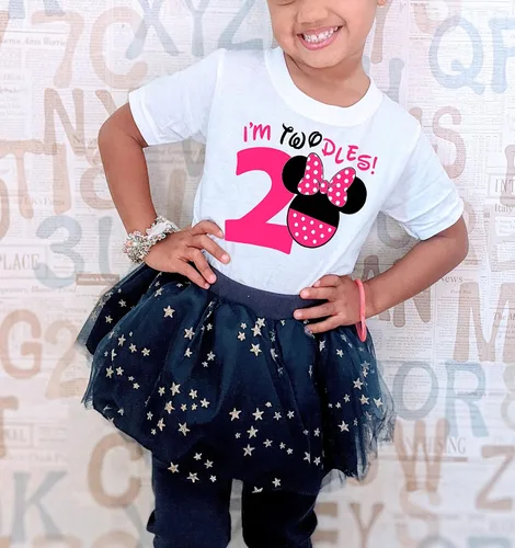 Vista 4 de Twodles - Camiseta de cumpleaños de Minnie para niñas pequeñas, traje de segundo y tercer cumpleaños