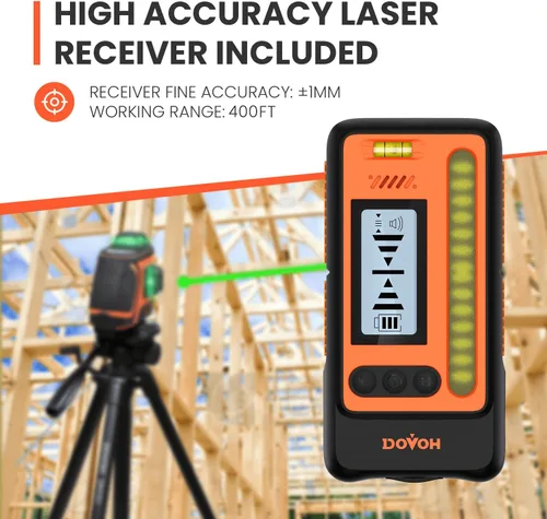 Vista 2 de DOVOH - Nivel láser para exteriores 360 autonivelante con receptor, H3-360G-KIT 400ft Long Range With Detector, High Power, Daylight Use, Green