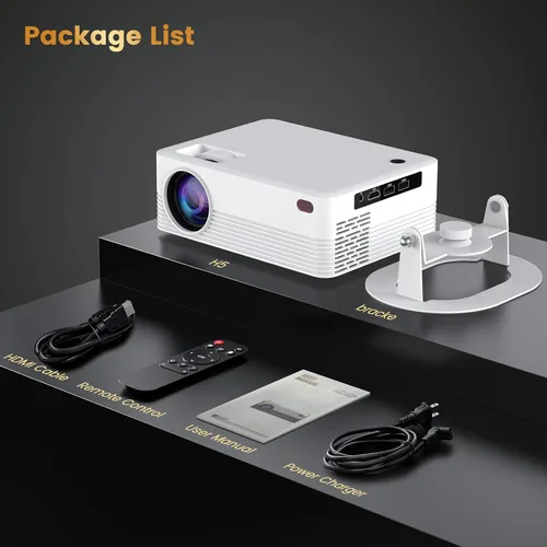 Vista 4 de Mini proyector, proyector de video portátil H5 con WiFi y Bluetooth, proyector de películas compatible con 8K con sistema Android, corrección