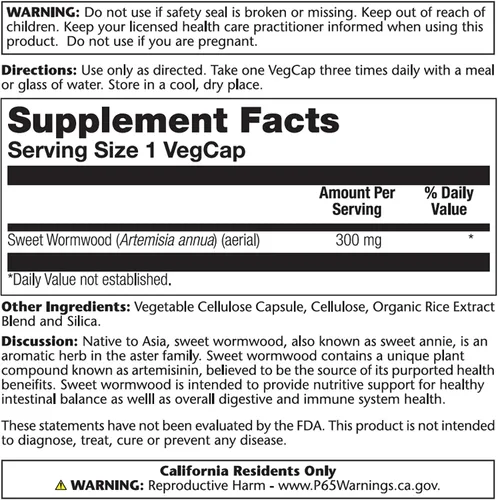 Vista 3 de SOLARAY Cápsulas de ajenjo dulce de 300 mg para adultos, suplemento aéreo de ajenjo dulce para hombres y mujeres, Artemisia Annua, apoyo a base