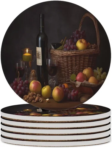 Vista 26 de 4 posavasos de vino tinto, cuadrados y modernos posavasos absorbentes de cerámica, estilo de pintura al óleo, vintage, vino tinto, uvas, rosa