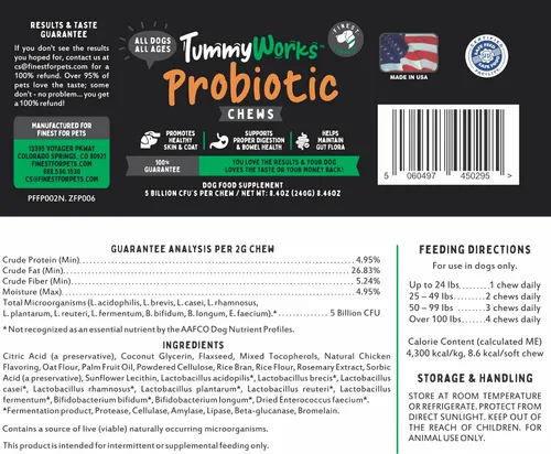 Vista 9 de TummyWorks Probióticos para perros. 120 probióticos masticables suaves para salud digestiva, intestino, inmunidad, energía, alergias, piel y pelaje.