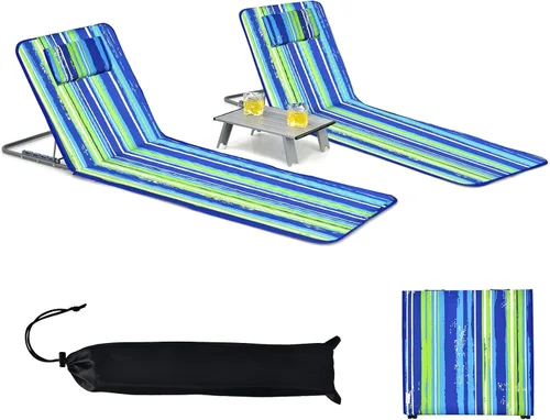 Vista 10 de GYMAX Sillas de playa, sillas de bronceado plegables con juego de mesa, silla de piso ajustable para patio, silla de baño de sol al aire libre