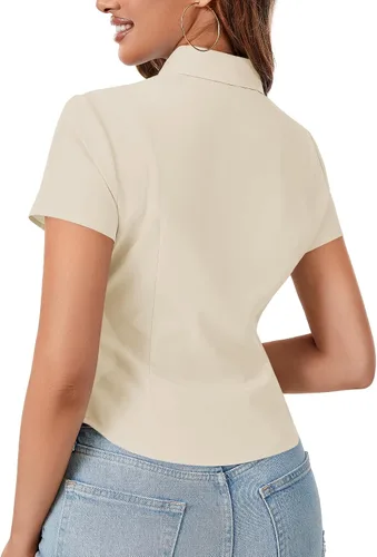 Vista 5 de LYANER Blusa de trabajo de manga corta acanalada con cuello en V y botones para mujer
