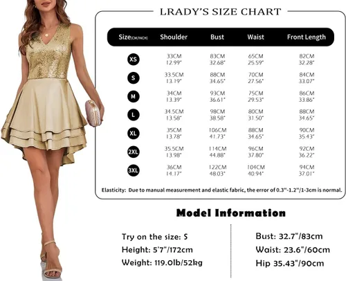 Vista 3 de Lrady - Vestido corto para mujer con lentejuelas brillantes, escote en V, con vuelo, para fiestas, club o cóctel, estilo vestido de patinadora