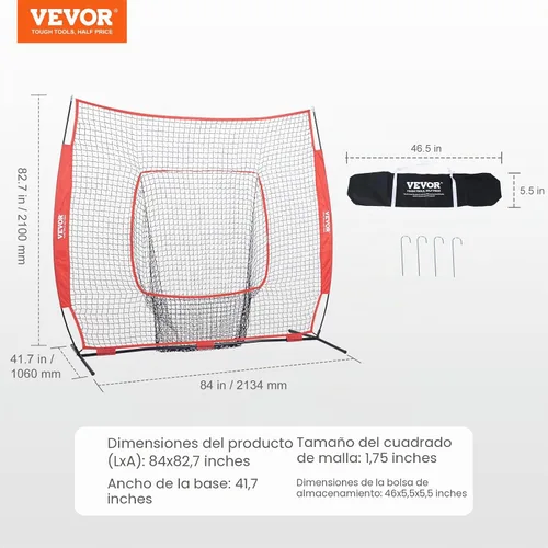 Vista 8 de VEVOR 7x7ft Baseball Softball Practice Net, Portable Baseball Training Net for Hitting Batting Catching Pitching, Backstop Baseball Equipment