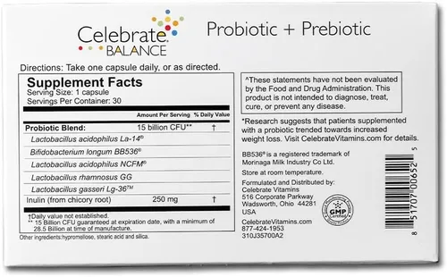 Vista 3 de Celebrate Vitamins Balance Probiotic + Prebiotic - Suplemento diario post cirugía bariátrica para mujeres y hombres, 28.5 mil millones de UFC, apoya