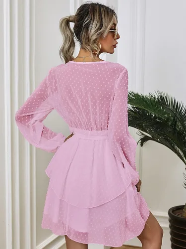 Vista 2 de MakeMeChic Vestido de manga obispo con cinturón de punto suizo para mujer