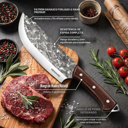 Vista 5 de Juego de cuchillos de carnicero forjados a mano con bolsa de rollo High Carbon Steel 14PCS Meat Cleaver Knife, Bone Chopper Knives, Fillet Knives