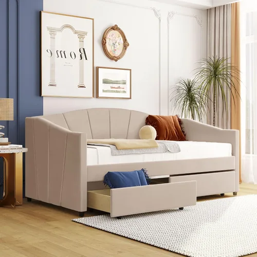 Vista 3 de Sofá cama individual con 2 cajones tapizado moderno, plataforma para sofá cama, marco de listones de soporte para dormitorio, sala de estar,