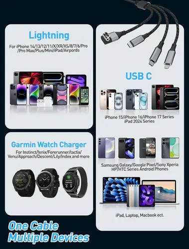 Vista 4 de Cable de carga múltiple de 100 W para Garmin Watch, cable de carga rápida USB múltiple de 10 pies con USB-C (100 W), Lightning, Micro-USB y cargador