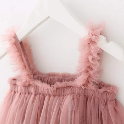 Vista 2 de Vestido de fiesta de tul con tirantes para niña, vestido de fiesta de tul y princesa, talla 6 M-5T, color rosa