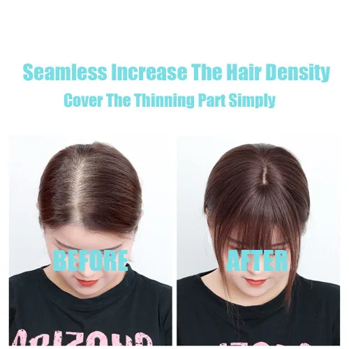 Vista 5 de Parte media parte de seda parte base cabello humano Topper 2.8x3.9 in frente recto clip en postizo con flecos Wispy 7.9 in negro apagado
