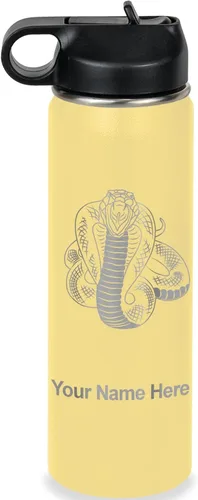 Vista 24 de LaserGram Botella de agua personalizada, serpiente de cobra, acero inoxidable de doble pared aislada al vacío con popote superior, regalo grabado