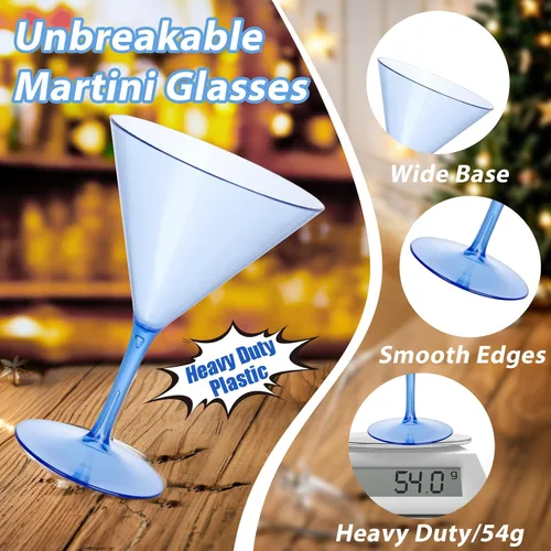 Vista 3 de Juego de 6 vasos de Martini Liacere, vasos de cóctel de Martini de plástico azul de 11oz con tallo, vasos de cóctel reutilizables para bar