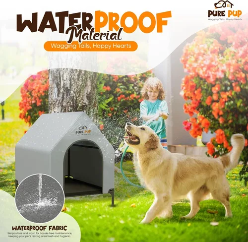 Vista 6 de Casa extragrande para perros al aire libre con toldo de techo, cama elevada con ventanas de malla de 16.1 x 11.4 x 9.8 in/19.2 lbs - Refugio