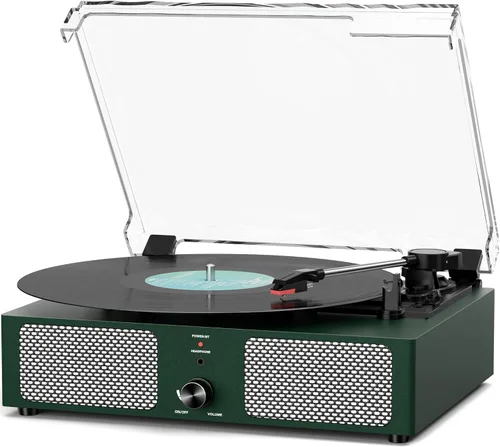 Vista 9 de Tocadiscos de vinilo con receptor Bluetooth integrado y 2 altavoces estéreo, 3 velocidades y 3 tamaños, tocadiscos retro portátil para Amarillo