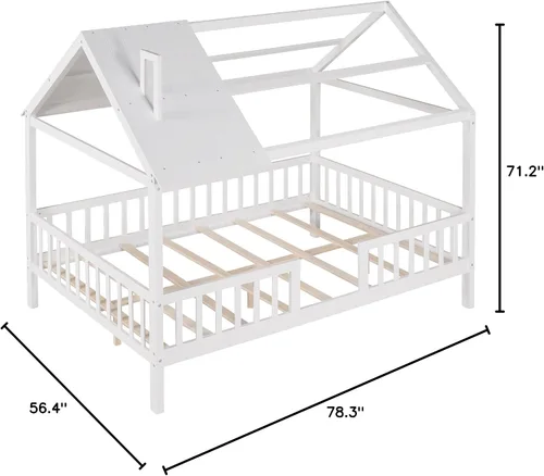Vista 11 de Merax Cama de casa completa para niños, marco de cama matrimonial de madera en forma de casa, marco de cama con ventanas de techo y barandillas