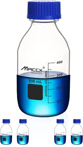 Vista 15 de Botellas redondas de vidrio de 34 onzas (33.8 fl oz), botella de vidrio de borosilicato resistente con tapa de rosca GL45, paquete de 2