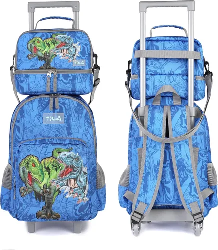 Vista 2 de Tilami Mochila rodante de 18 pulgadas con doble asa con bolsa de almuerzo con ruedas para niños